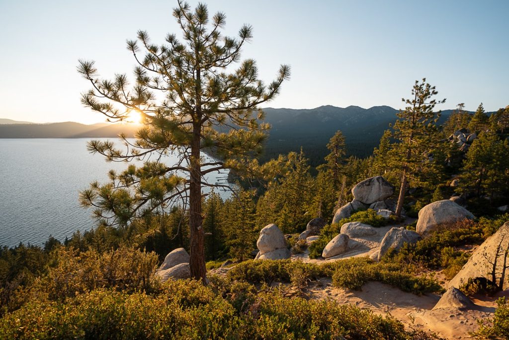 photo of Monkey Rock and Lake Tahoe at Sunset with the golden light