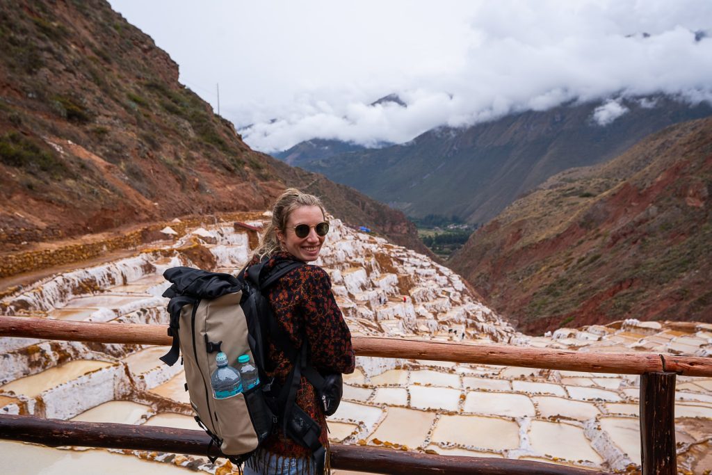 Kerry standing at lookout over the Maras Salt Mines in the Sacred Valley