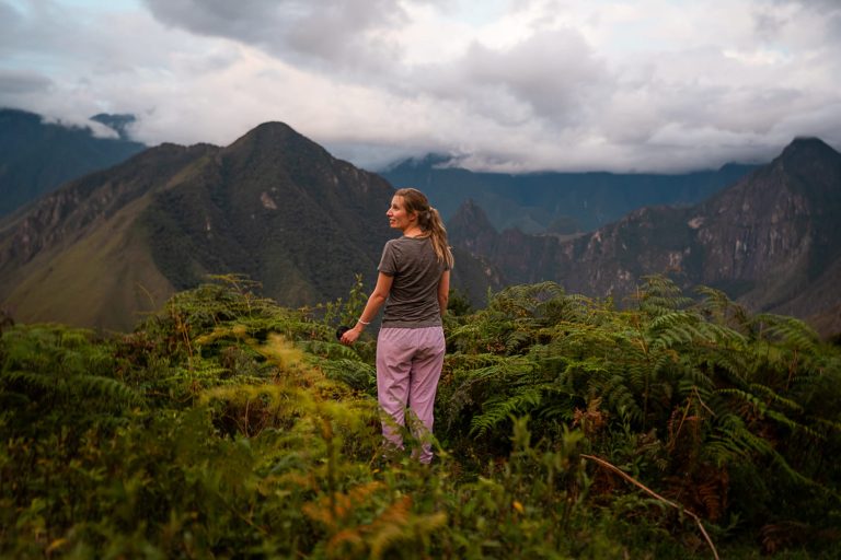 Girl on the Salkantay Trail at sunset